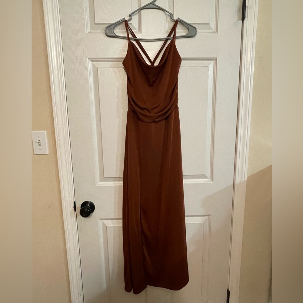 Jason Wu Terracotta Brown Slinky Drape Cross Back Slit Midi Dress